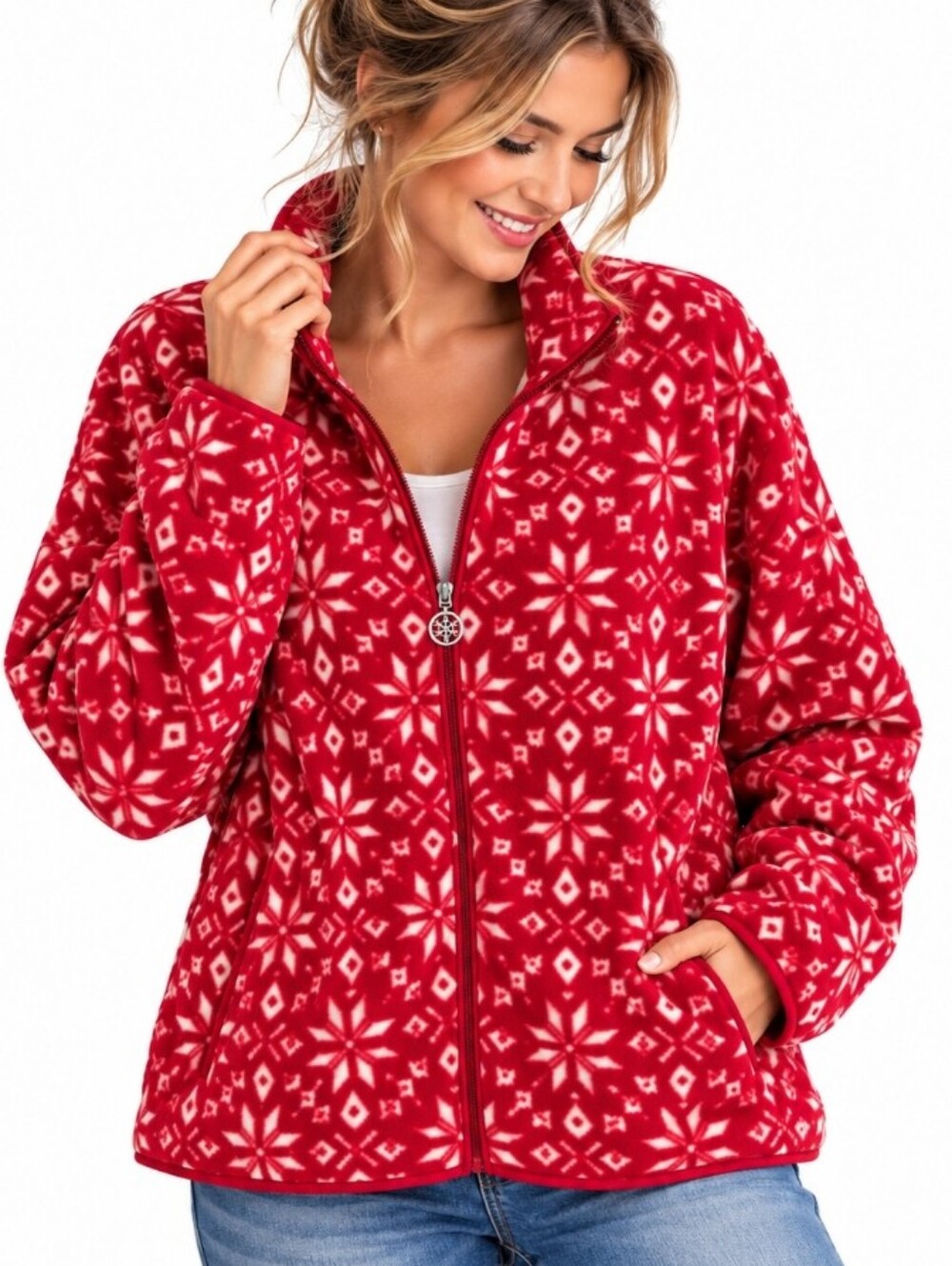 Jason Maxwell Red White Snowflake Full Zip Fleece Jacket Large New